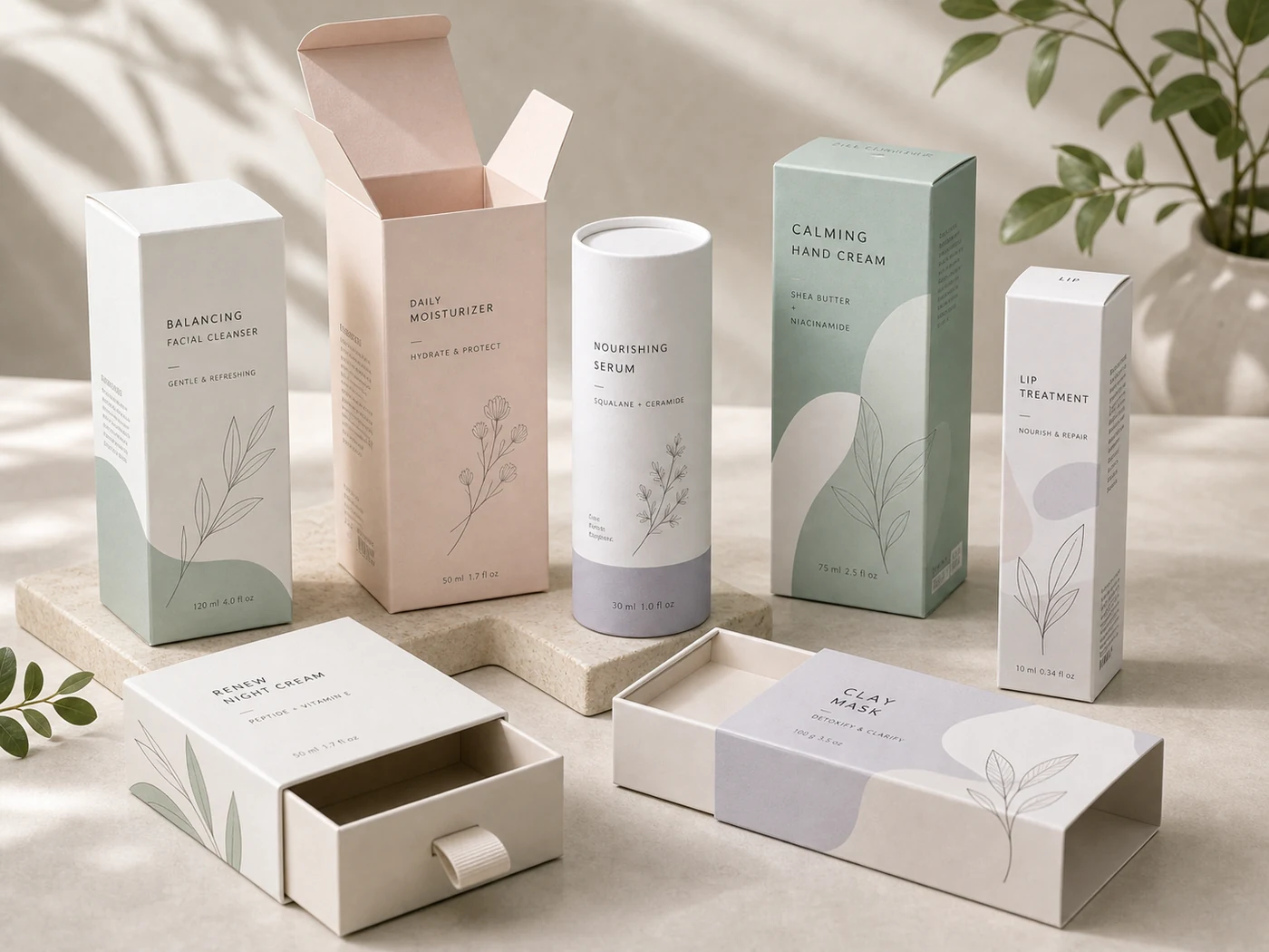 Cosmetics and skincare packaging set with printed cartons, tubes, labels, and insert trays