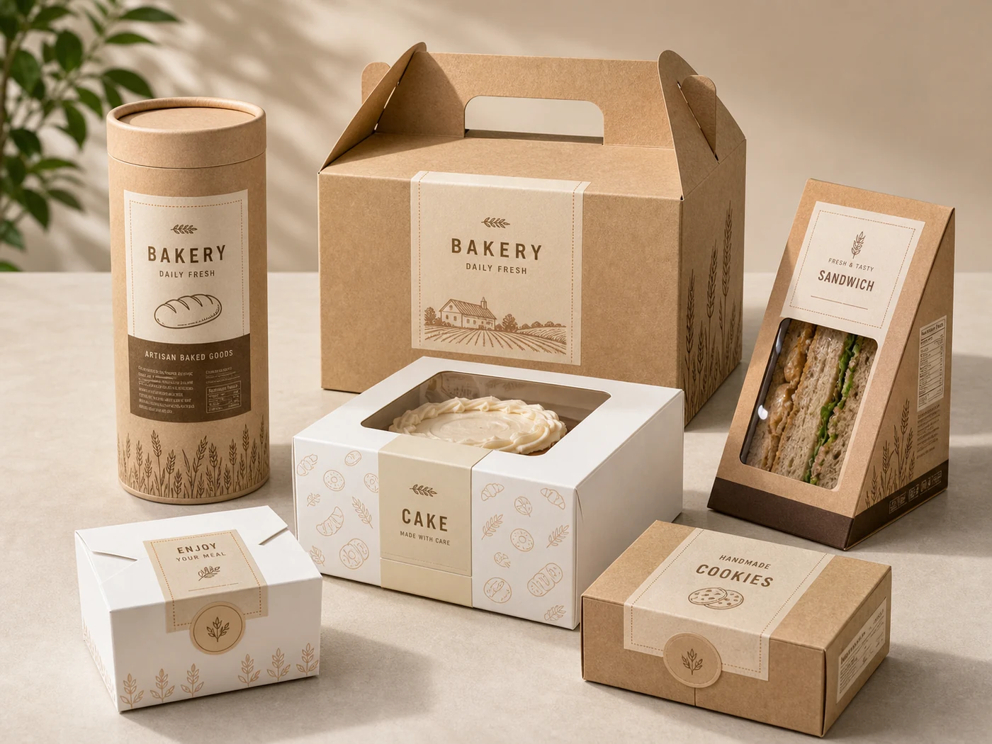 Food and bakery packaging set with kraft cartons, paper tubes, bakery boxes, and paper wraps