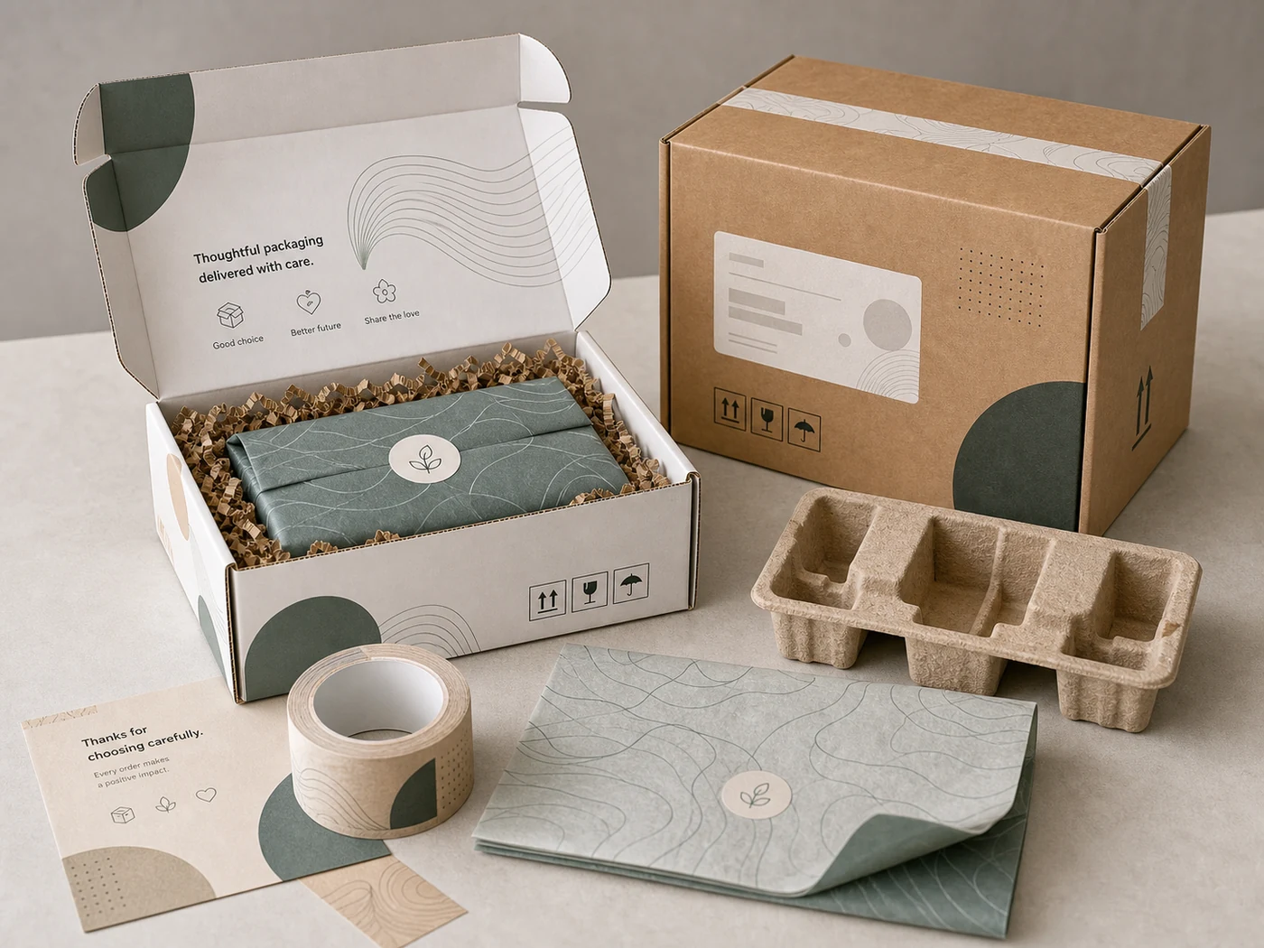 Ecommerce packaging set with mailer boxes, shipping cartons, filler paper, and label-ready packing scene
