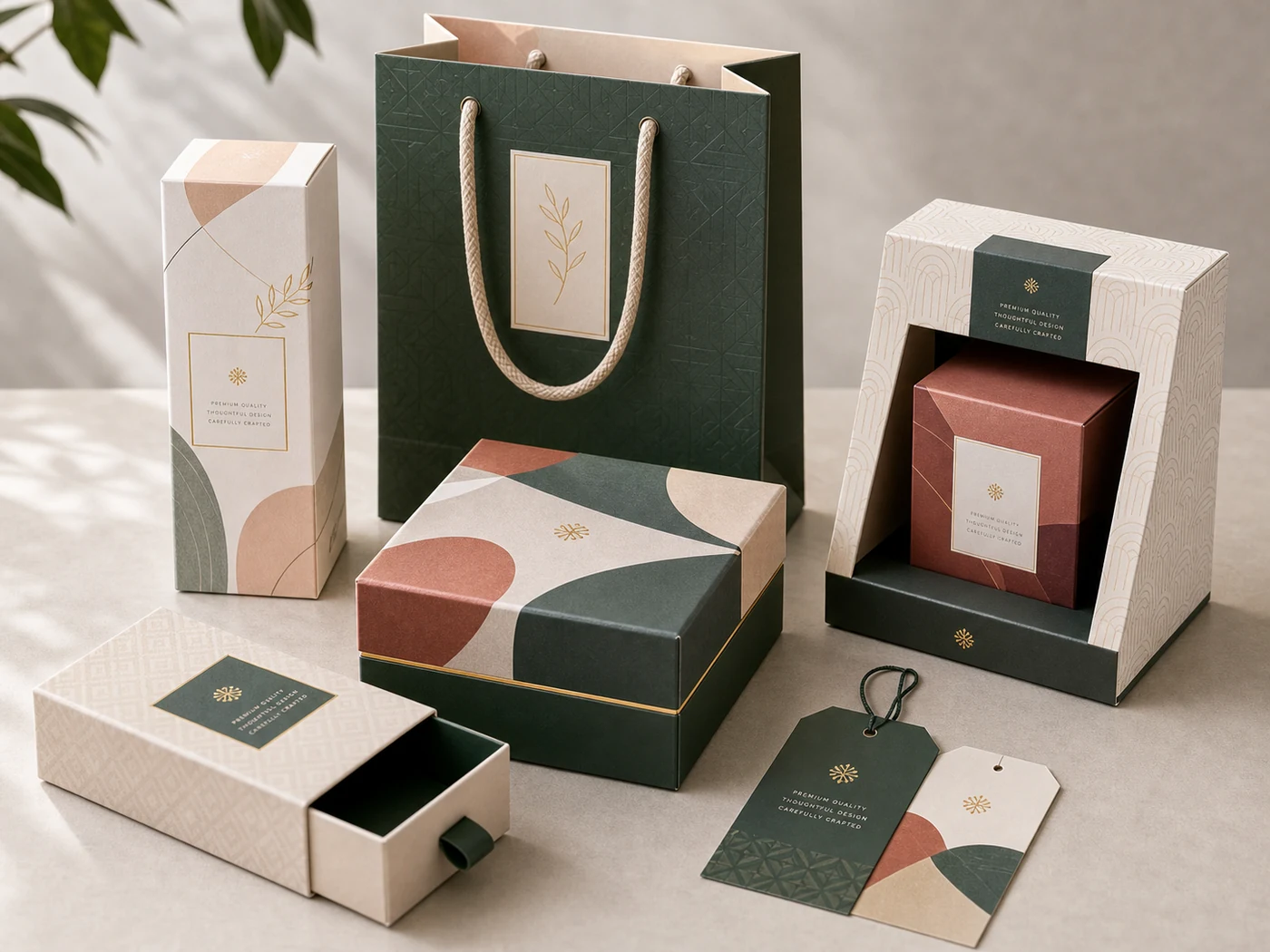 Gift and retail packaging set with rigid boxes, drawer boxes, paper bags, and premium presentation cartons