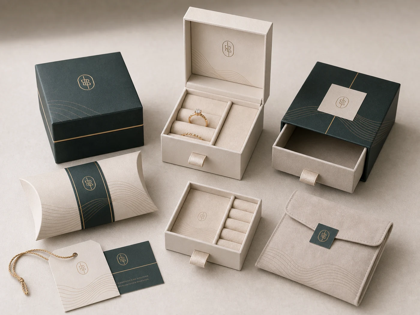 Jewelry packaging set with small rigid boxes, drawer boxes, inserts, pouches, and premium paper wraps