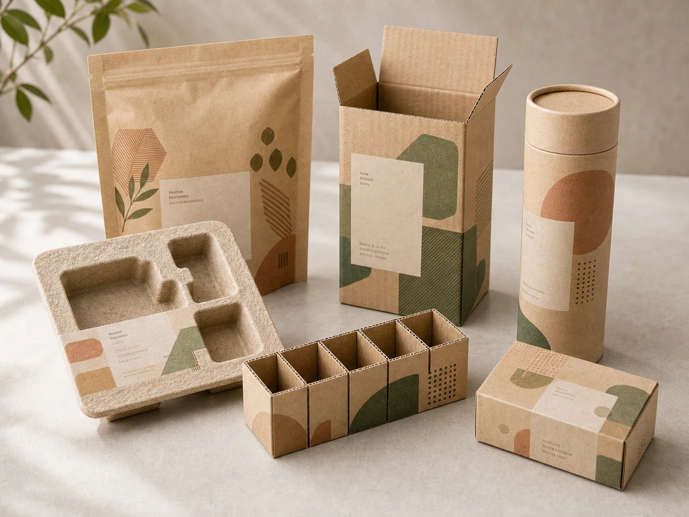 Sustainable packaging set with molded pulp inserts, kraft boxes, paper tubes, and fiber trays