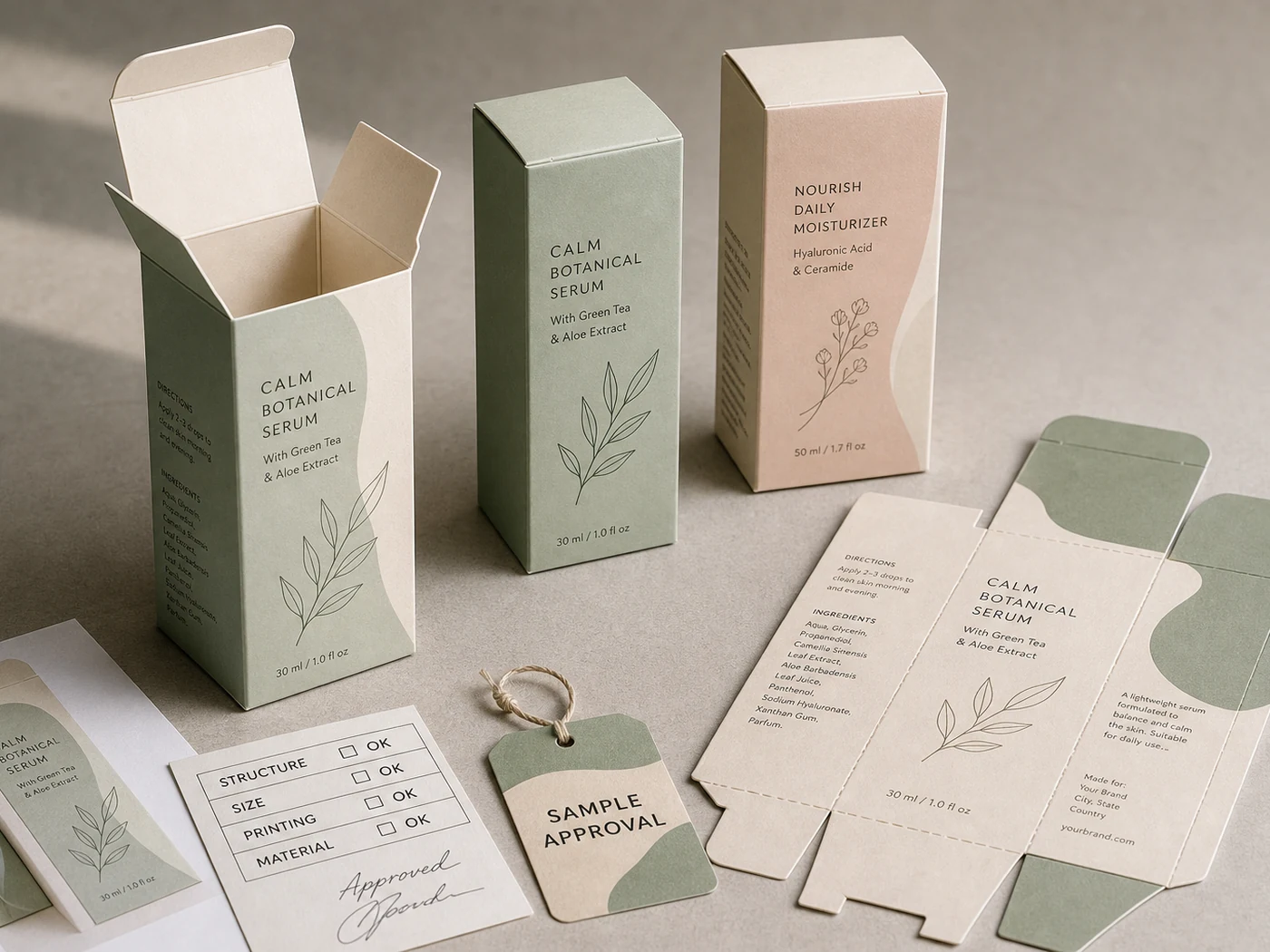 Folding carton packaging samples with printed cartons, open structure, flat dieline, and sample approval card