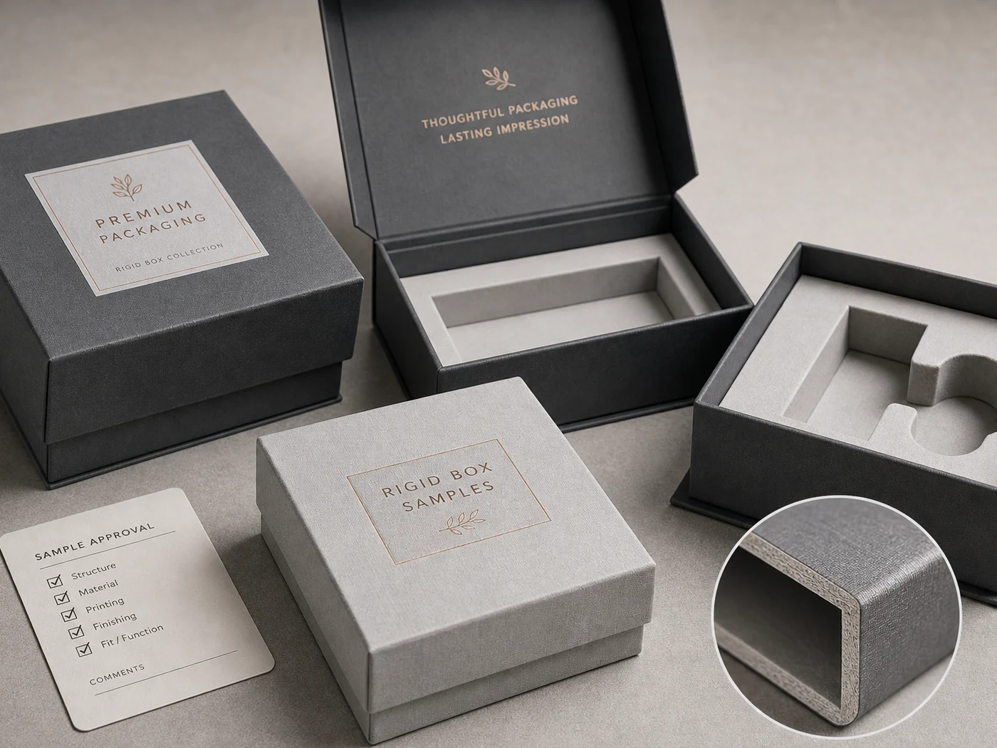 Rigid box packaging samples with lift-off lid, hinged box, fitted insert, and grey board edge detail