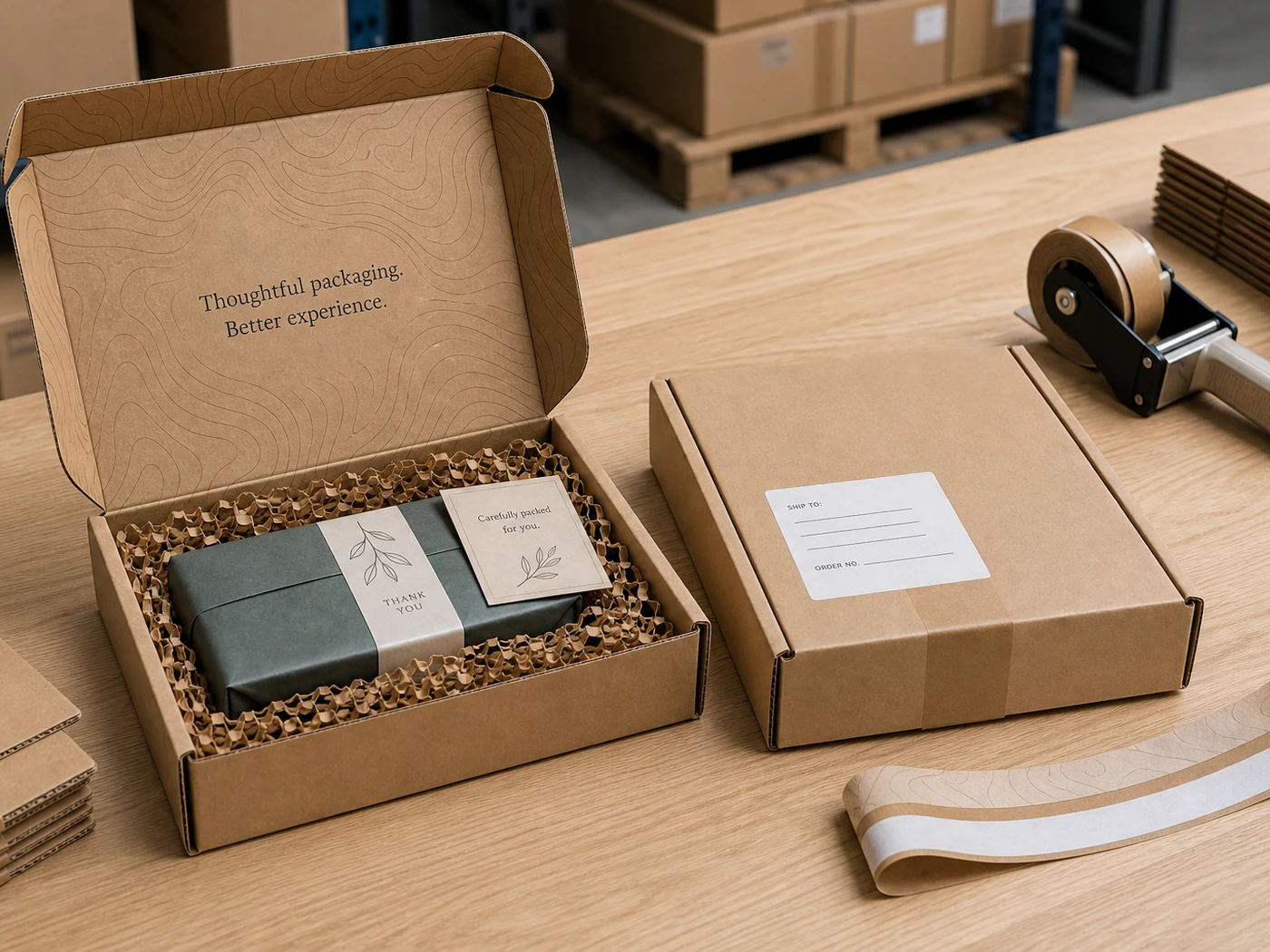 Corrugated mailer box packaging samples with open printed interior, paper filler, tape strip, and shipping label area