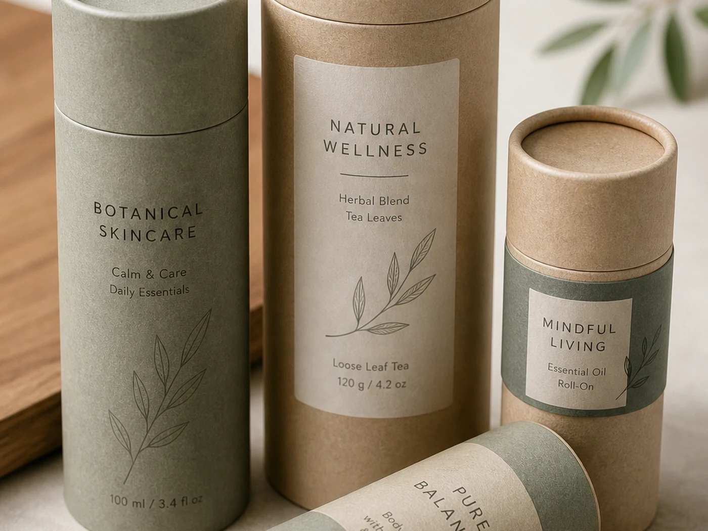 Paper tube box packaging samples with telescopic tube, canister lid, printed wrap bands, and visible paperboard edges