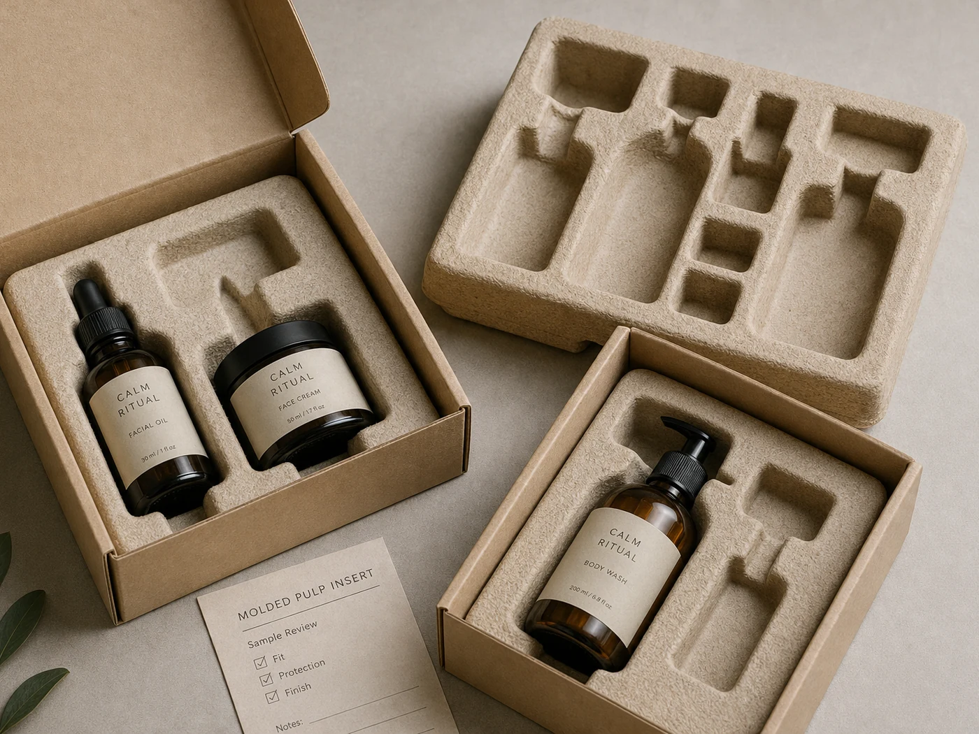 Molded pulp insert packaging samples with formed fiber cavities, open mailer box, and product-shaped protective trays