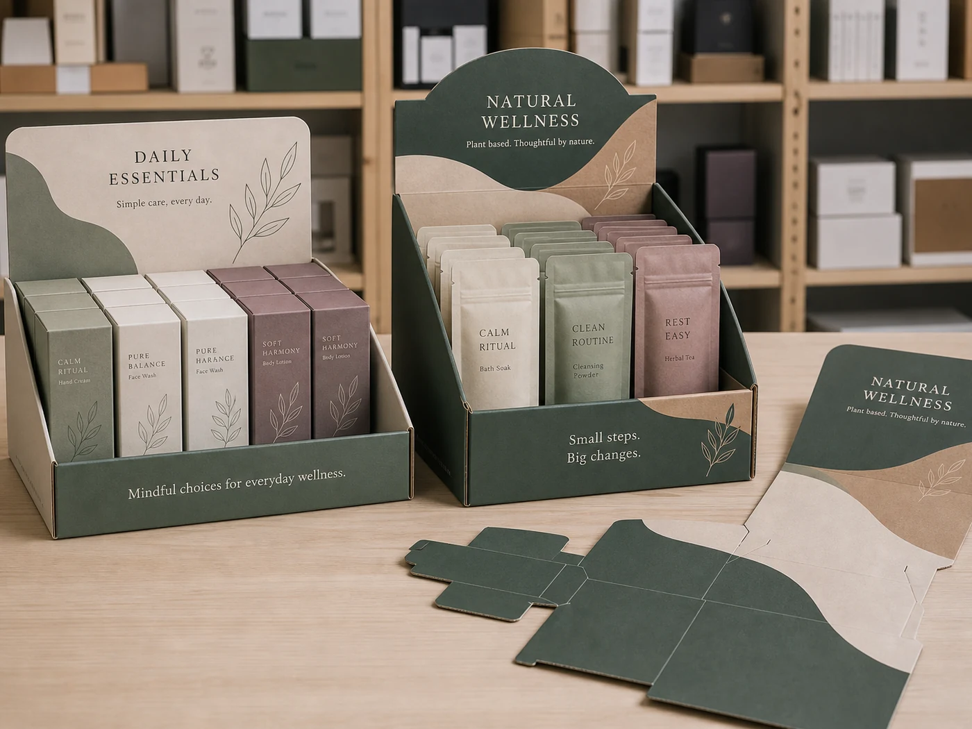 Display box packaging samples with printed countertop display trays, header cards, and shelf-ready carton structures