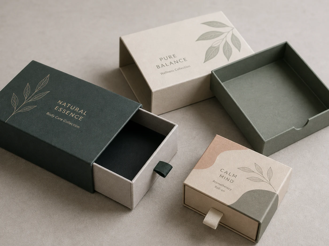 Drawer box packaging samples with sliding tray, sleeve structure, pull ribbon, and wrapped paperboard detail