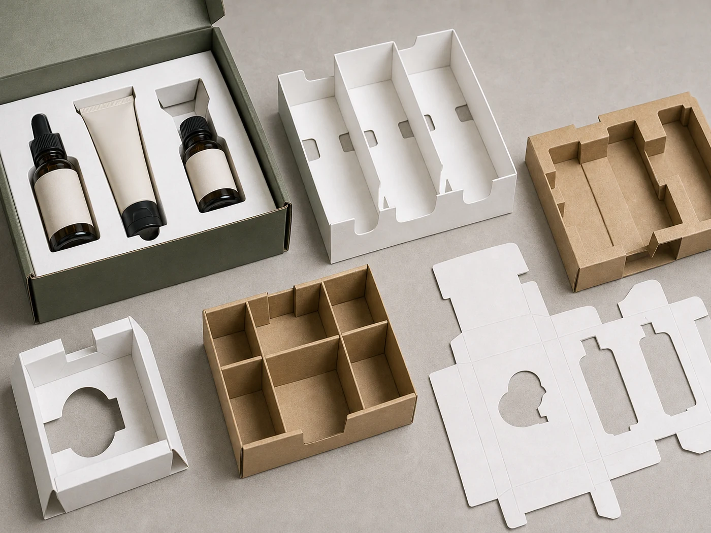 Paperboard insert packaging samples with die-cut trays, dividers, folded tabs, and product holding slots