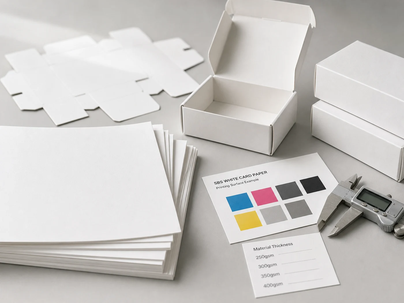 White card paper sheets, folded cartons, dieline sample, paperboard edge, and print swatches for custom packaging
