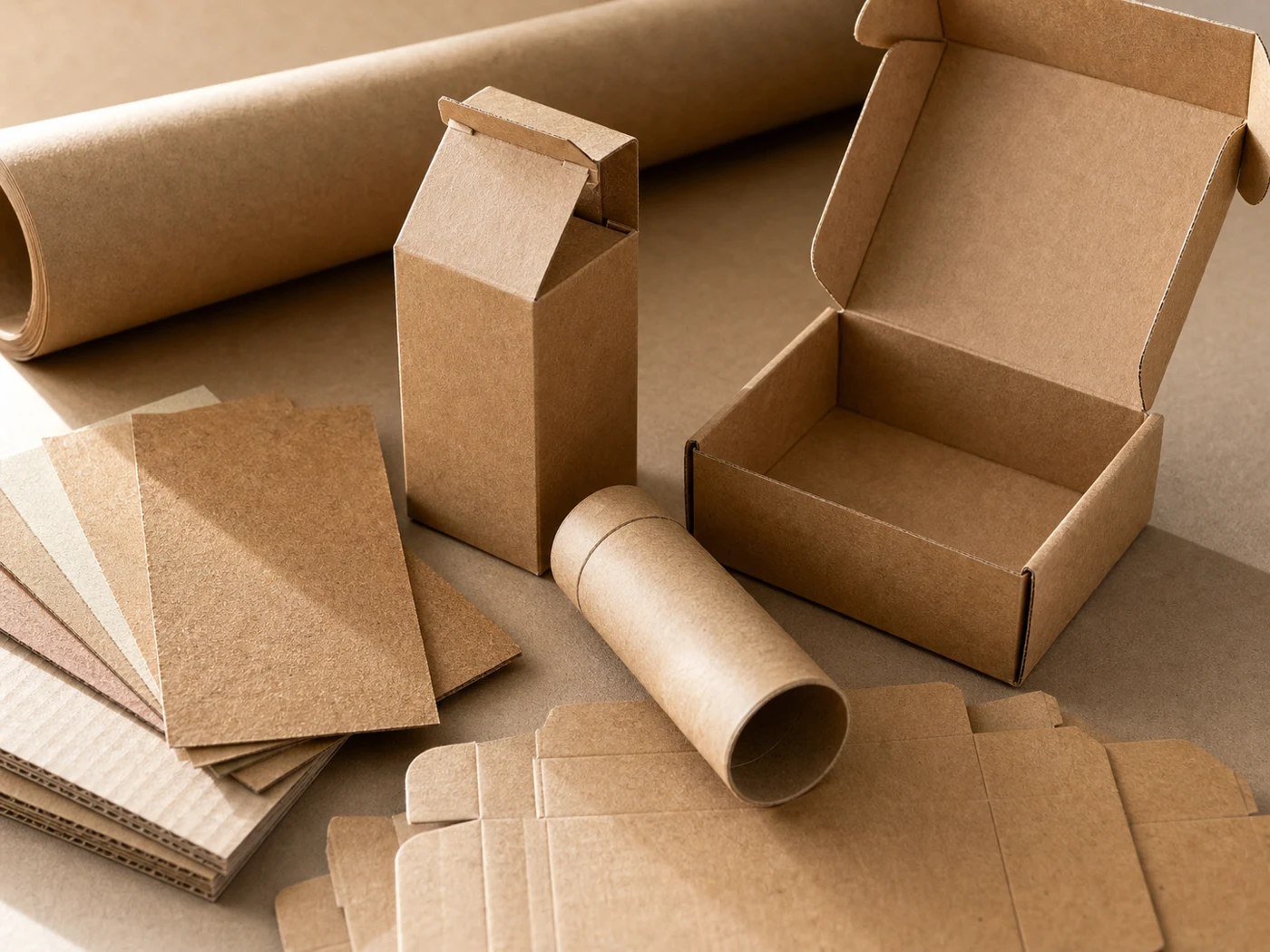Kraft paper sheets, kraft mailer, folding carton, paper tube, and visible natural fiber texture