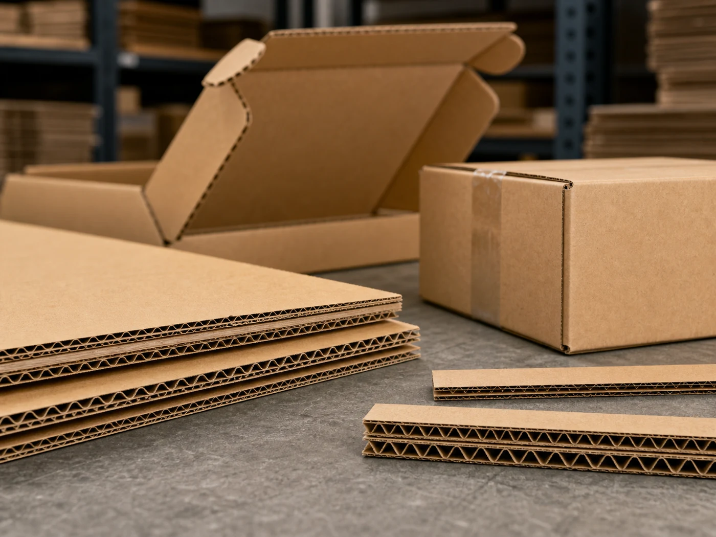 Corrugated board sheets with visible fluting, kraft mailer box, and shipping carton structure samples