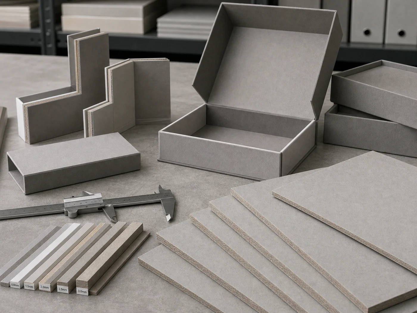 Grey board sheets and rigid box construction samples showing dense board edge and wrapped paper layers