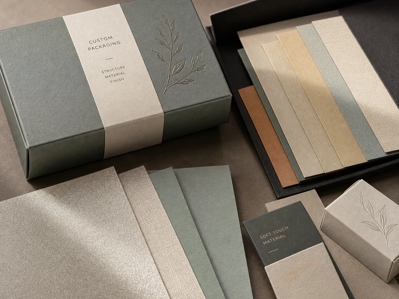 Specialty paper swatches with textured, pearlescent, and colored paper packaging samples