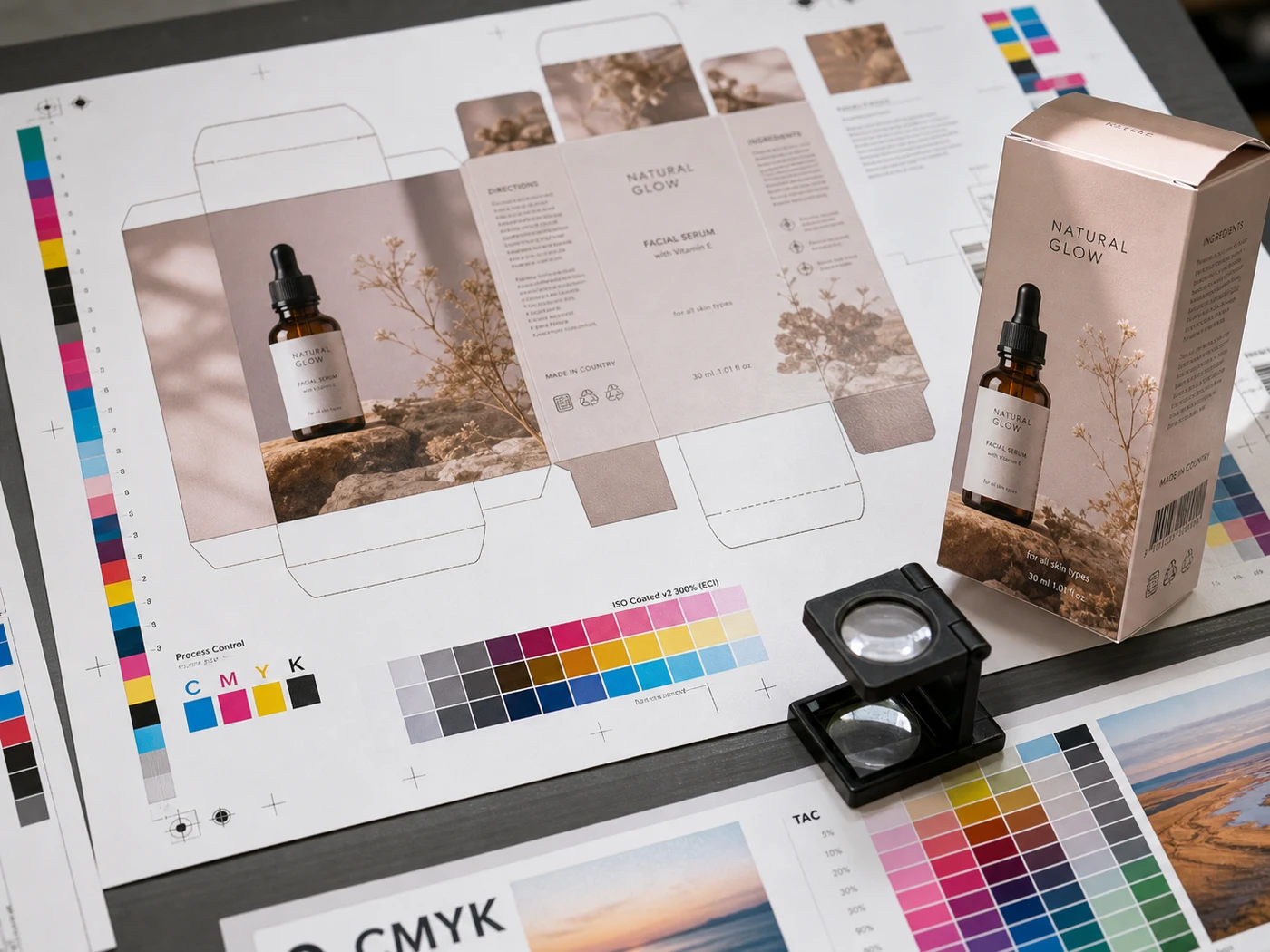 CMYK process print proof with color bars, paperboard carton blank, loupe, and printed packaging sample