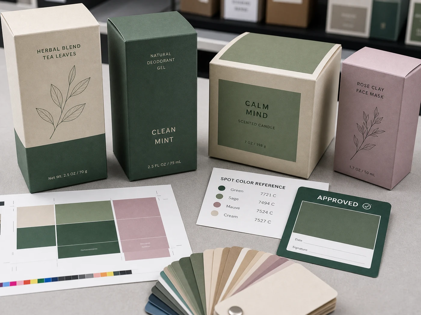 Spot color packaging proof with solid color panels, generic color chips, and printed carton samples
