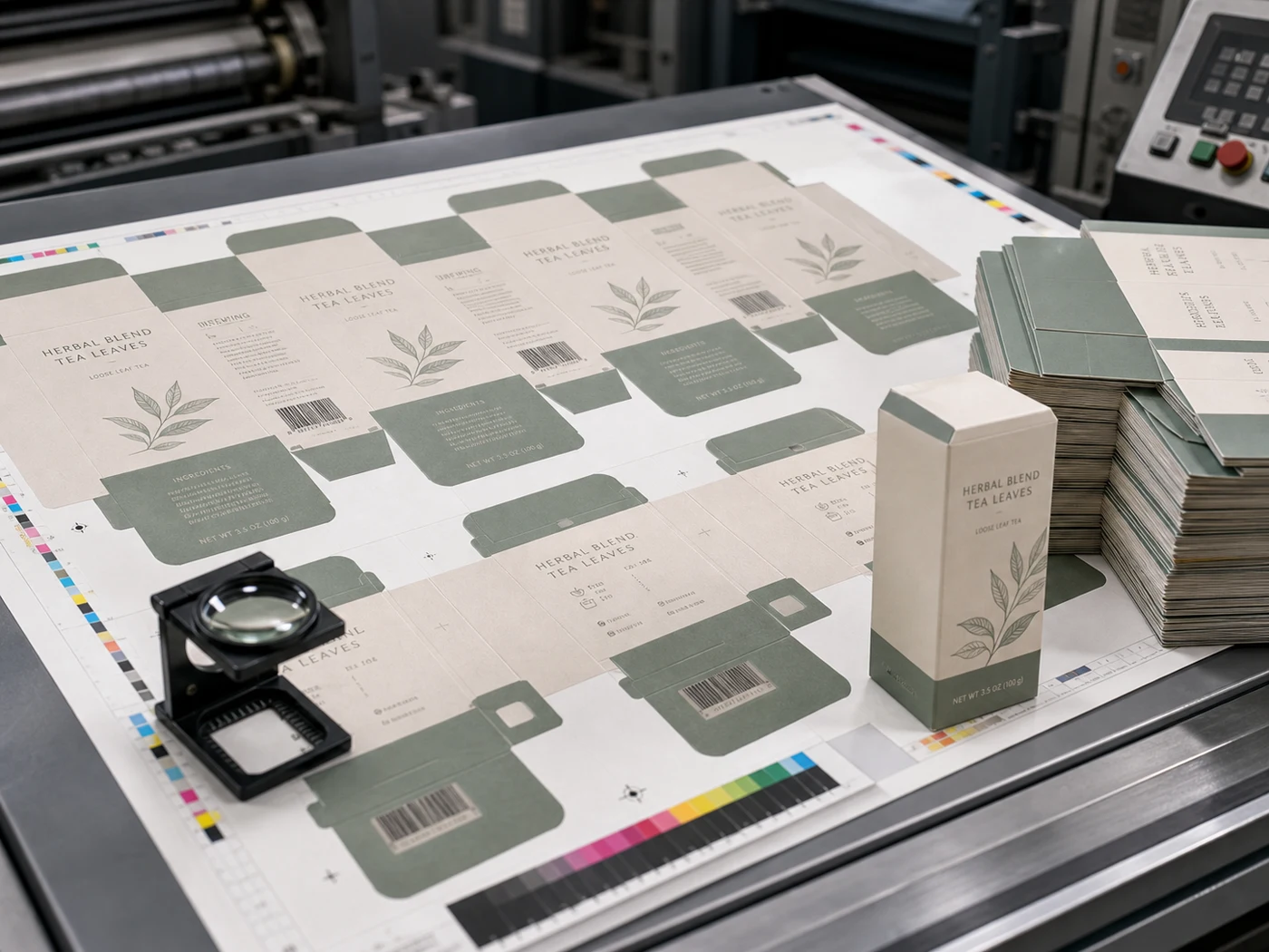 Offset printed paperboard sheets with registration marks, color bars, and stacked carton blanks on a press proof table