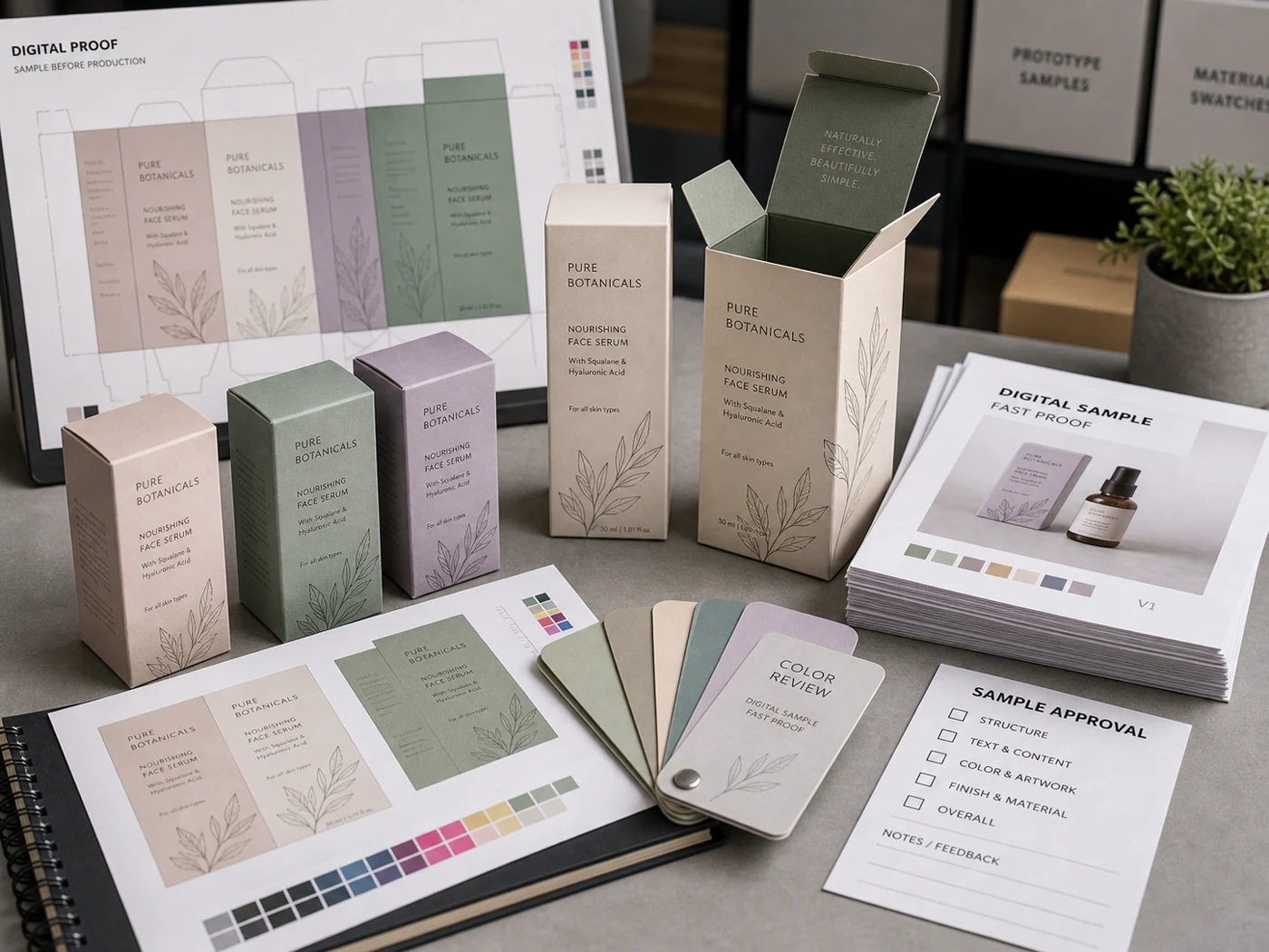 Digital sample printing proof table with small batch carton prototypes, proof sheets, and sample approval cards