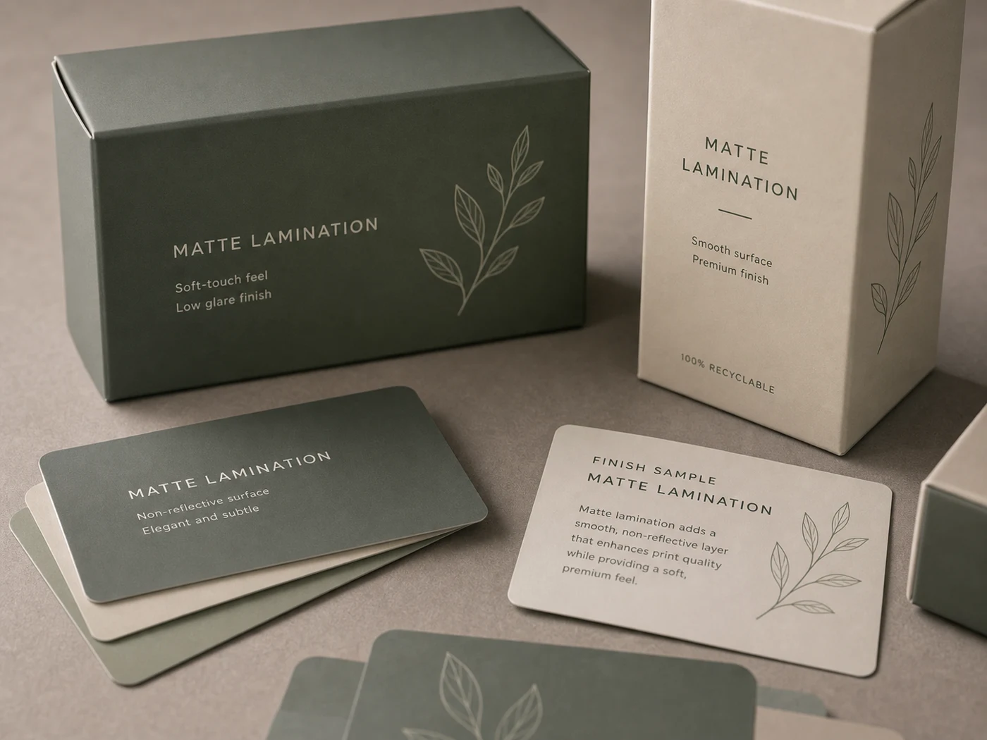 Matte laminated paperboard cartons and swatch cards with low-glare smooth packaging surface