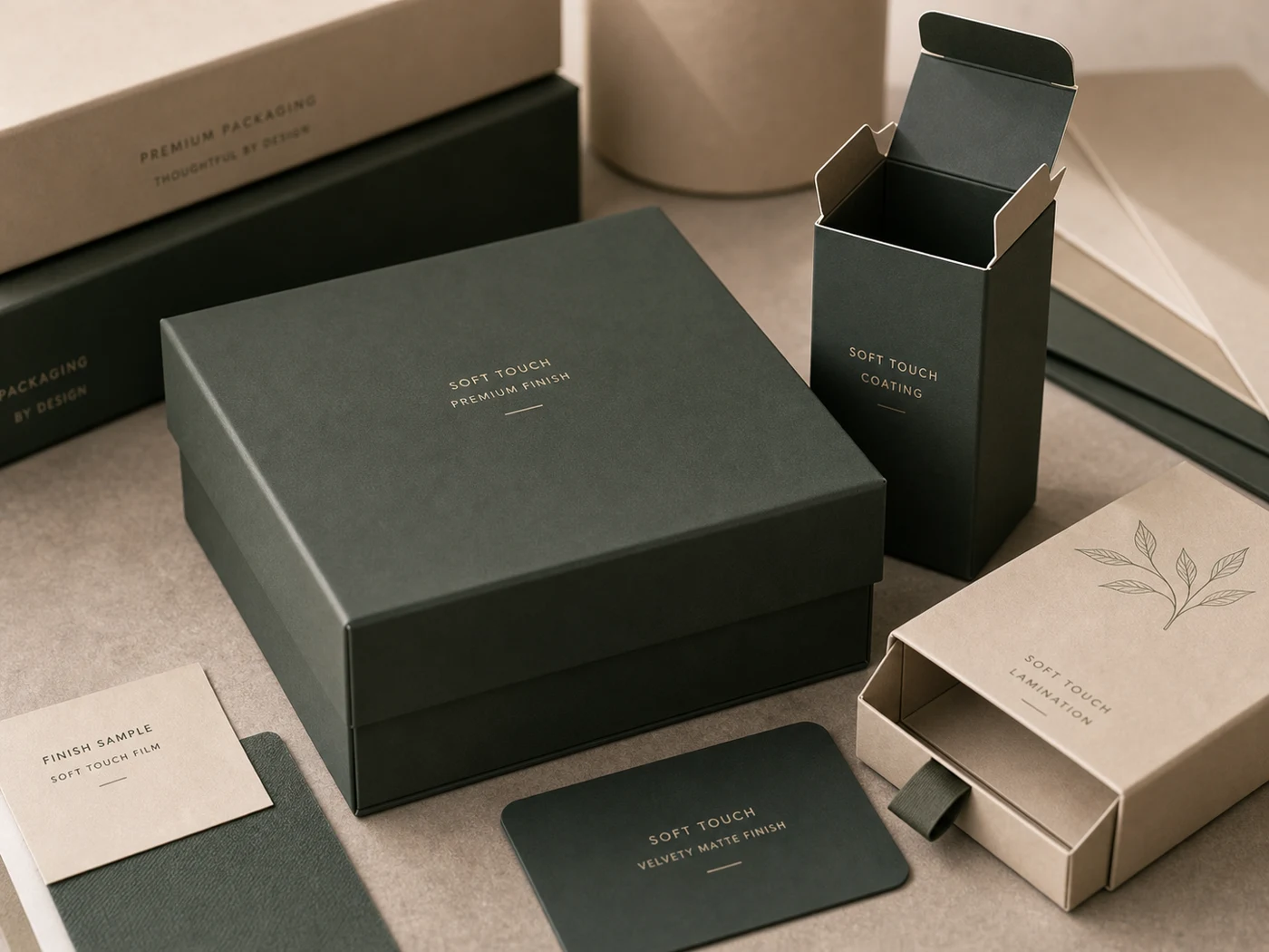 Soft-touch laminated rigid box and carton samples with ultra-matte velvety surface and tactile swatches