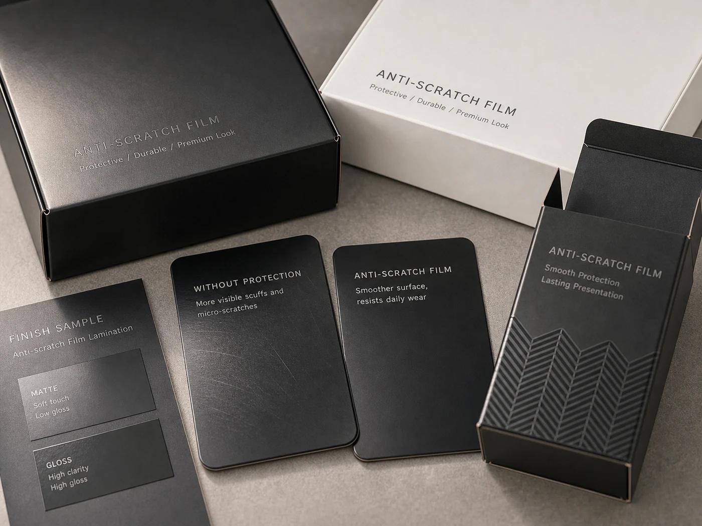 Anti-scratch film packaging samples with protected dark carton surfaces and controlled scuff comparison swatches