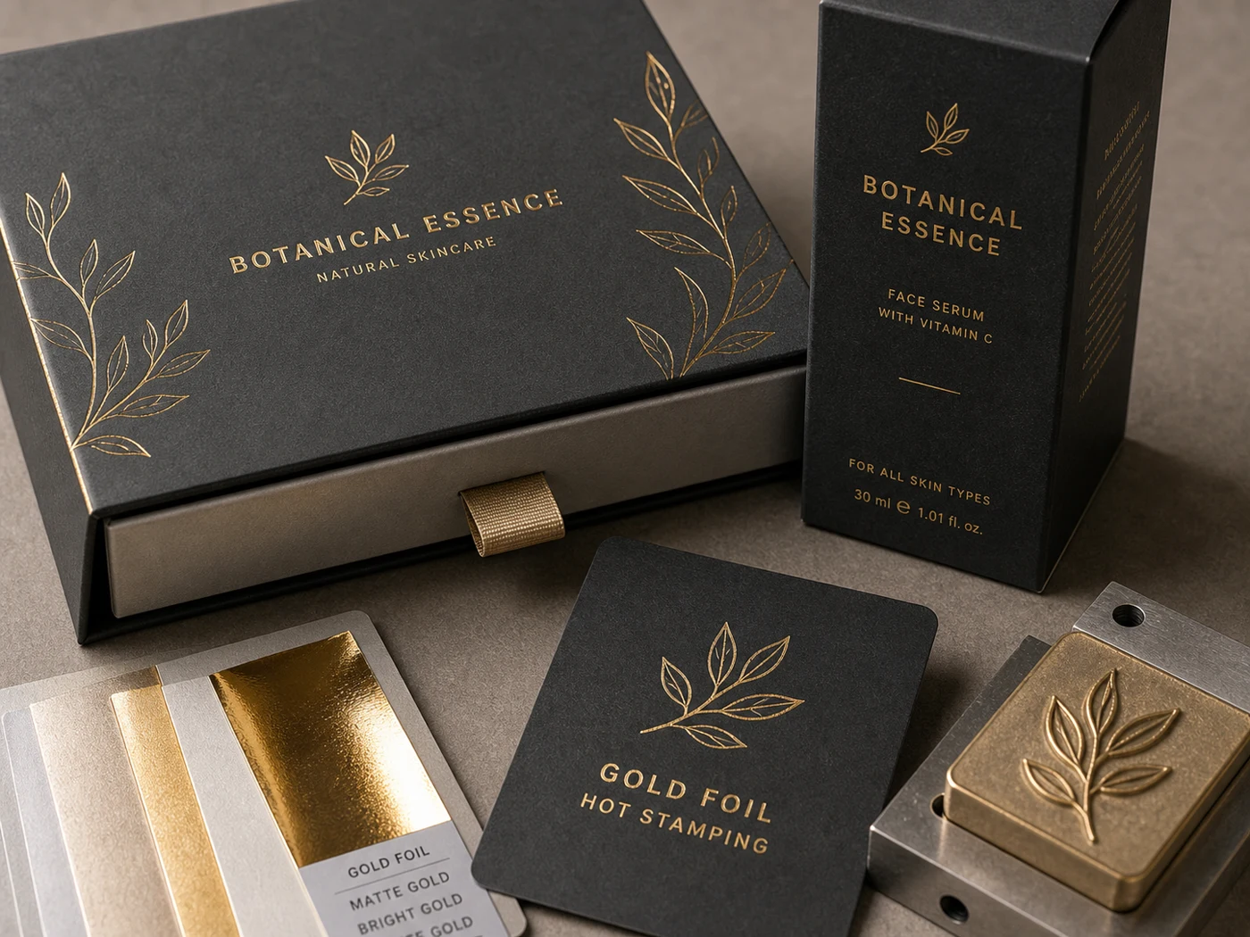 Hot foil stamped paperboard boxes with metallic gold accents, sharp foil edges, and premium sample cards