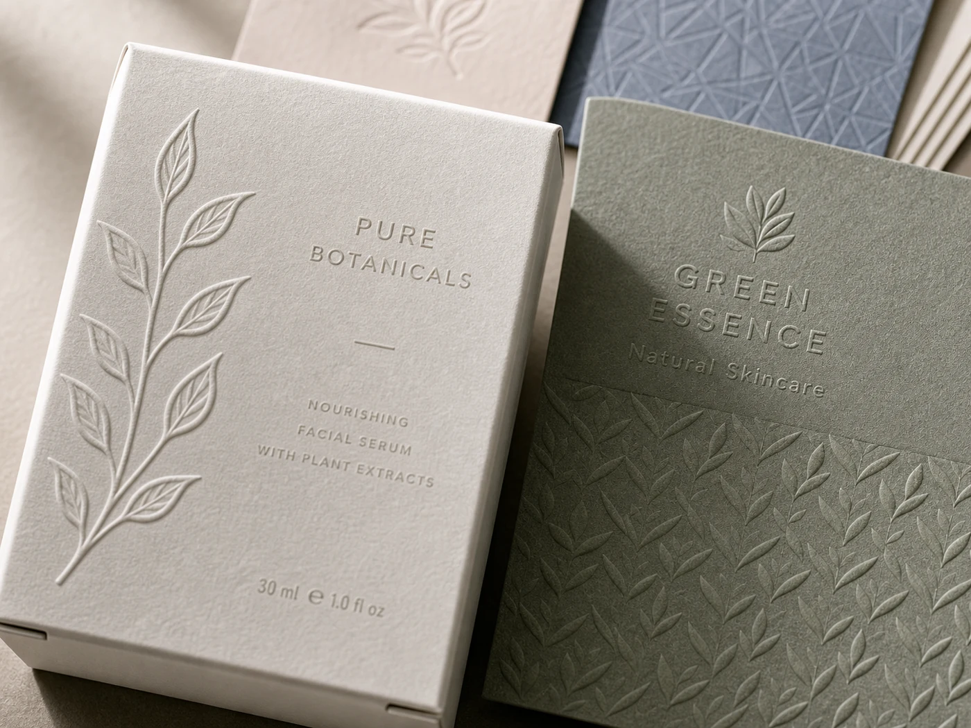 Embossed paperboard carton and swatch cards with raised tactile logo pattern visible in raking light