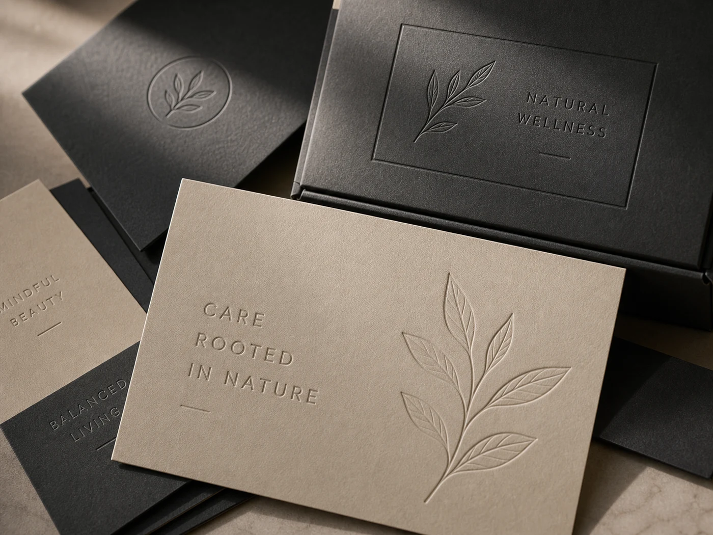 Debossed packaging samples with recessed logo pattern, pressed-in paperboard detail, and tactile depth