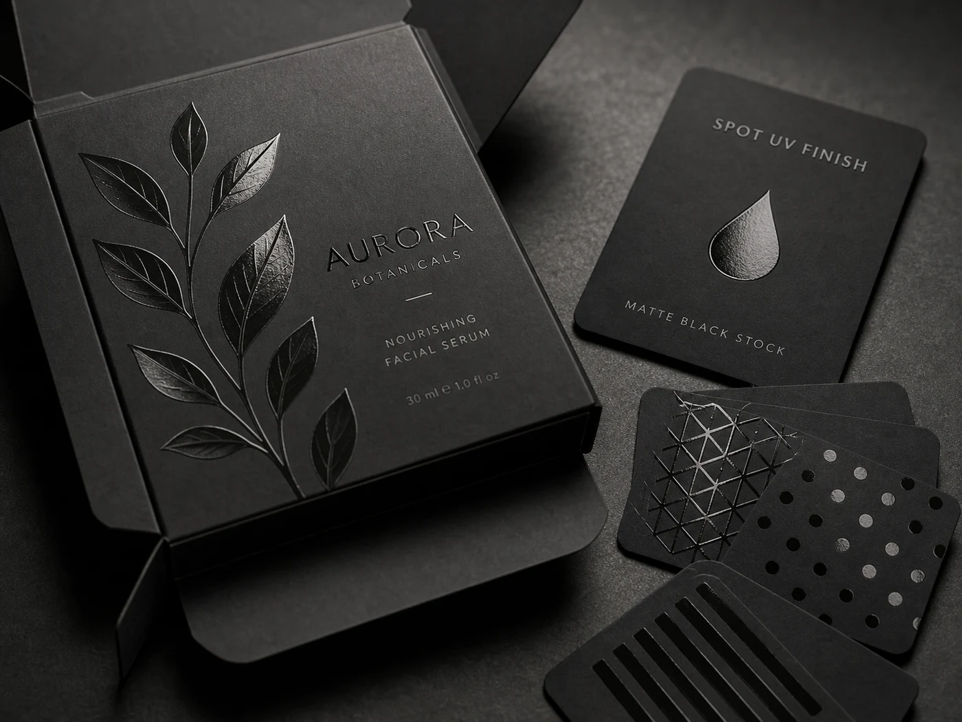 Spot UV packaging samples showing selective glossy varnish over matte black paperboard surface