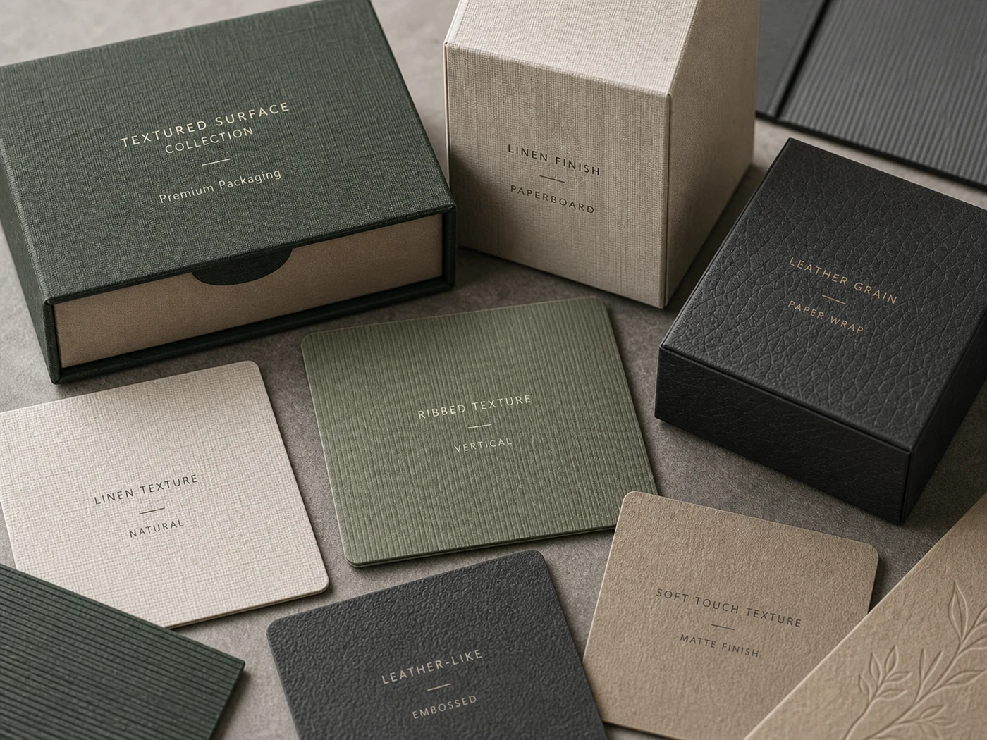 Textured surface packaging samples with linen grain, ribbed paper, tactile wrapped boxes, and material swatches